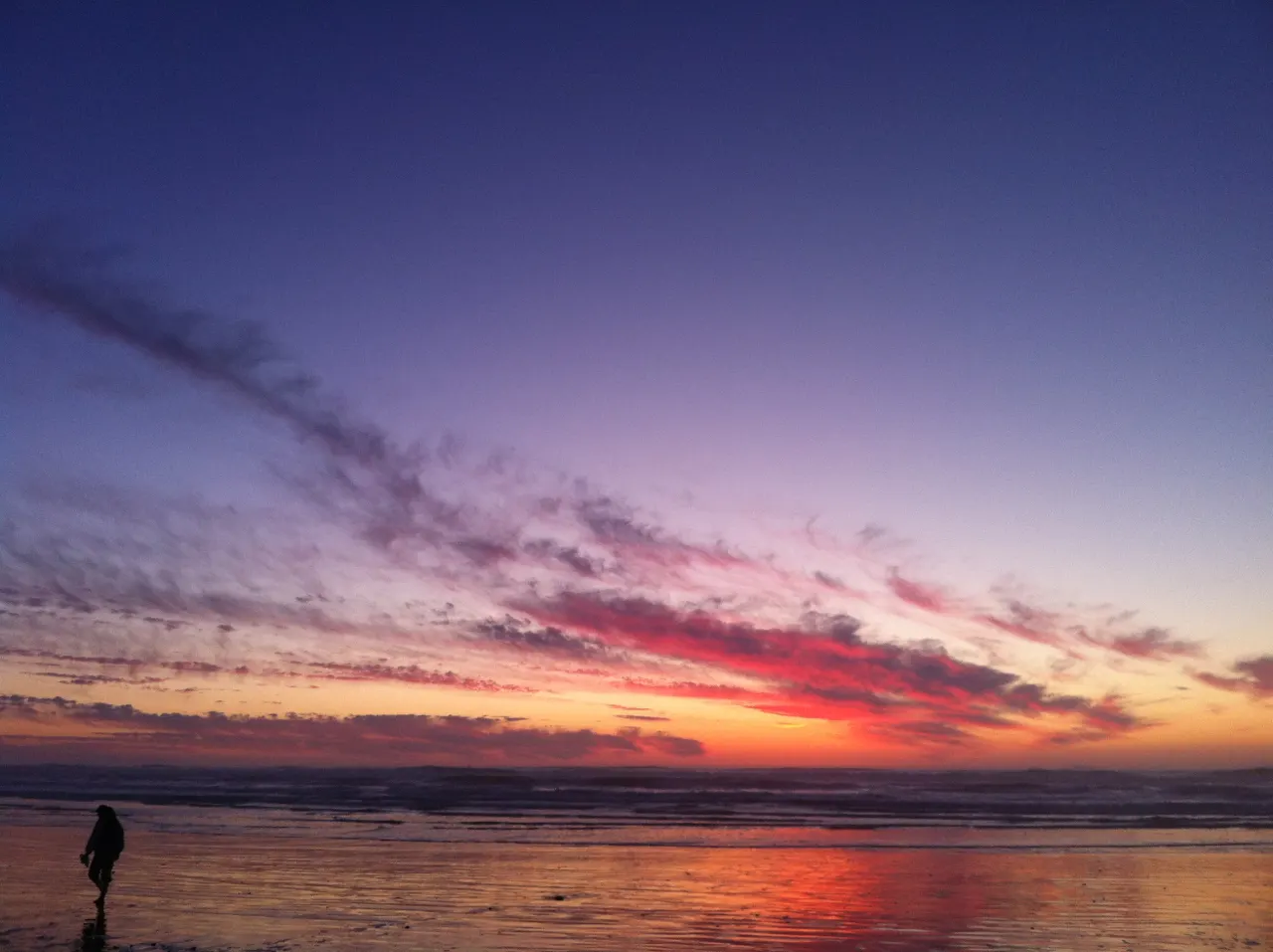 A purple and orange sunset sky over Ocean Beach in San Francisco